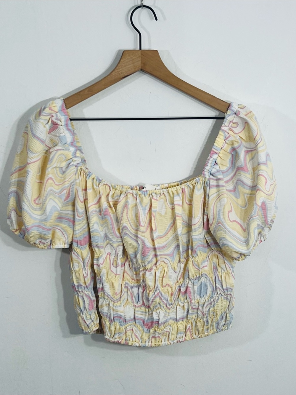 Elodie Square Neck Smocked Puff Short Sleeve Crop Top Blouse Size XL Festival